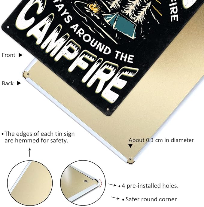 Vintage Metal Funny Camping Tin Sign-What Happens Around The Campfire Stays Around The Campfire Outdoor Porch Patio Home Kitchen Garden Bar Poster Retro Decor Art 8X12 Inch Wall Decor