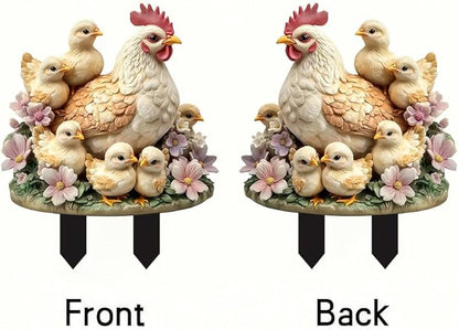 Garden Stake Decor, Acrylic 2D Flat Animal Statue, Fairy Sculptures Ornament Indoor Outdoor Yard Lawn Pot Plant Decorative Accessories (Hens and Chicks)