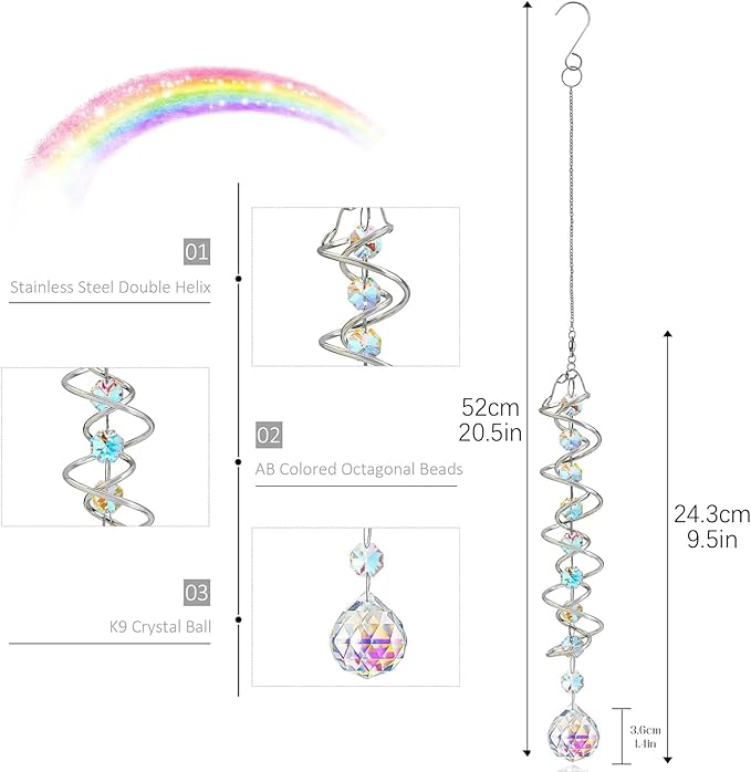 H&D HYALINE & DORA Gazing Ball Spiral Tail with AB Glass Ball Wind Spinner Spiral Hanging Rotating for Indoor Outdoor Decoration 20.5 Inch