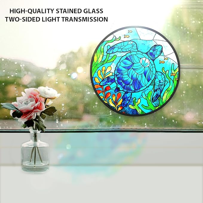 WIRESTER Stained Glass Suncatcher 6 Inch, Glass Panel with Metal Chain, Sun Catcher Window Hanging Ornament for Indoor Outdoor Wall Art Home Decoration - Sea Turtle Ocean