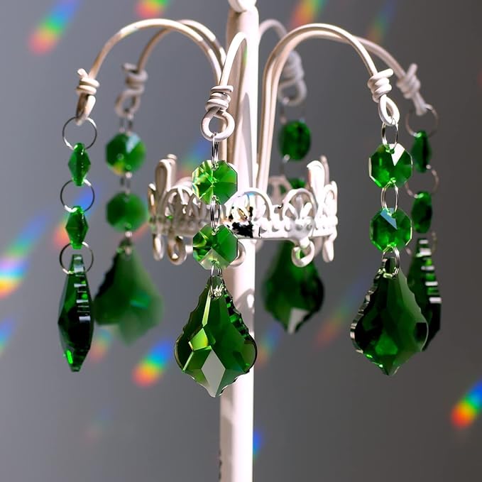 20pcs Crystal Maple Leaf Chandelier Prisms Replacement Pendant Connected Glass Octagon Beads Chain for Chandelier Christmas Decoration 38mm (Mid Green)