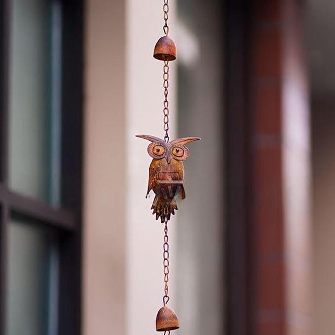 Owl Rain Chain Vintage, Bronze Metal Adjustable Rain Catcher Chain with Bells for Garden Decoration Eave Device Iron 230x11cm
