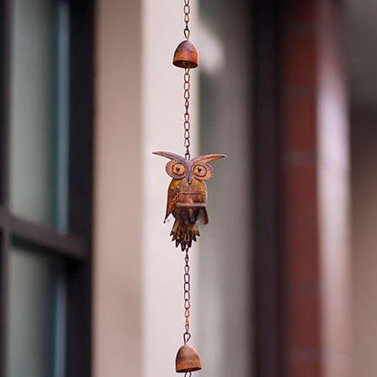 Owl Rain Chain Vintage, Bronze Metal Adjustable Rain Catcher Chain with Bells for Garden Decoration Eave Device Iron 230x11cm