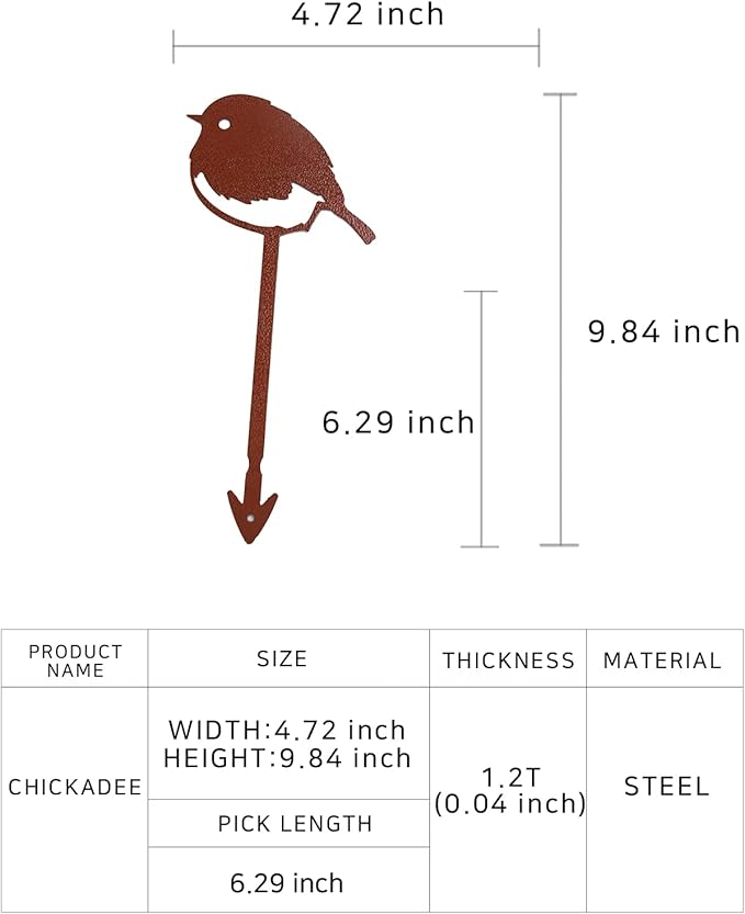 Chickadee Small Bird Metal Garden Stake – Powder-Coated Rust-Resistant Mini Bird Plant Pick for Pots & Planters, Cute Indoor/Outdoor Garden Decor