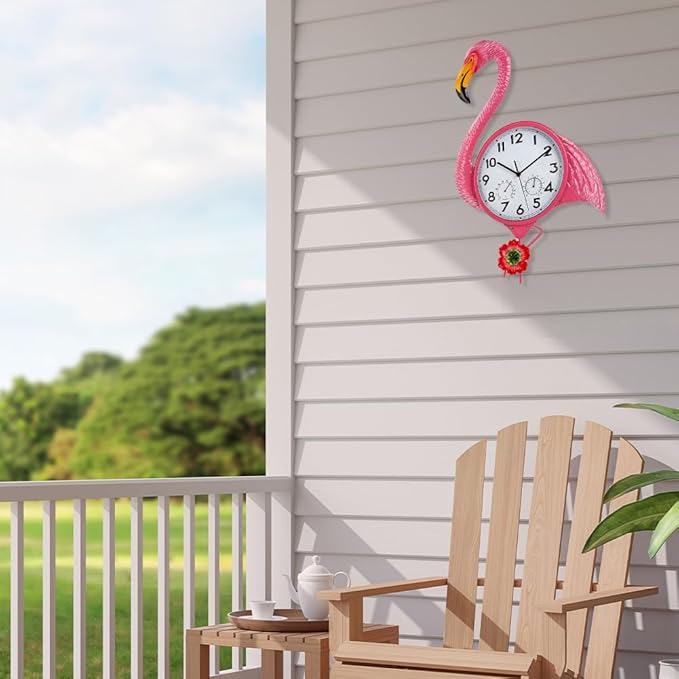 Large Outdoor Clock with Thermometer & Humidity - Silent Non-Ticking, Flamingo Outdoor Wall Clock for Patio, Garden, Kitchen, Living Room(Pink)