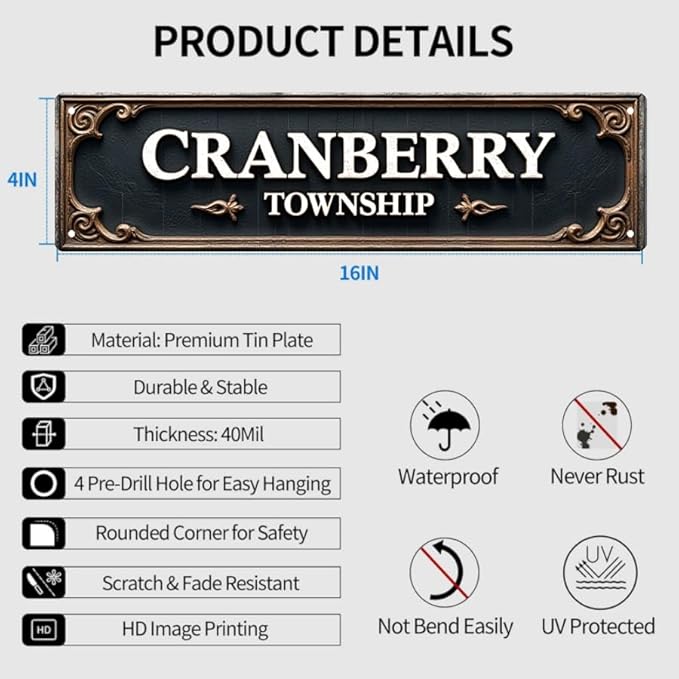 Funny Kitchen Tin Signs 16x4 Inches Cranberry Township Vintage Design - Ideal for Kitchen, Dining Room & Patio | Unique Metal Kitchen Sign