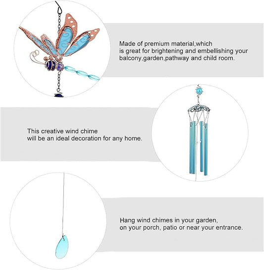 Dragonfly Wind Chimes, Garden Glass Glowing Wind Chimes for Home, Party, Festival Decor, Garden Decoration Indoor/Outdoor,Lifelike Dragonfly Deep Tone Style