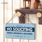 SCAZOMV Please No Soliciting Friends Neighbors Deliveries Welcome Thank You Funny Rustic Wood Front Door Sign Vintage Outdoor Wall Art Hanging Plaque Porch Yard Home Farmhouse Decor 10''x 5''