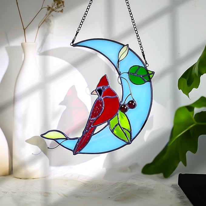 Cardinal Birds Decor Stained Glass Suncatcher,Red Cardinal Memorial Gifts for Mother,Stained Glass Birds Window Hangings Moon Decor,Bird Gifts for Bird Lovers Women Grandma