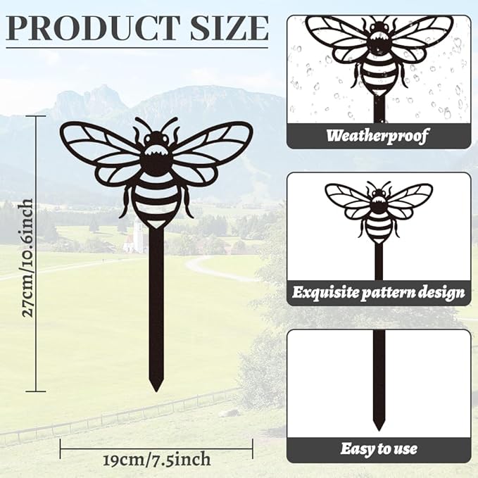 WADORN Bee Metal Yard Stakes Spring Decor, 10.6" Bee Outdoor Statues Silhouette Black Cute Bees Yard Art Stakes Bees Lover Gifts Indoor Outdoor Ornaments Decoration for Garden Patio Backyard Lawn