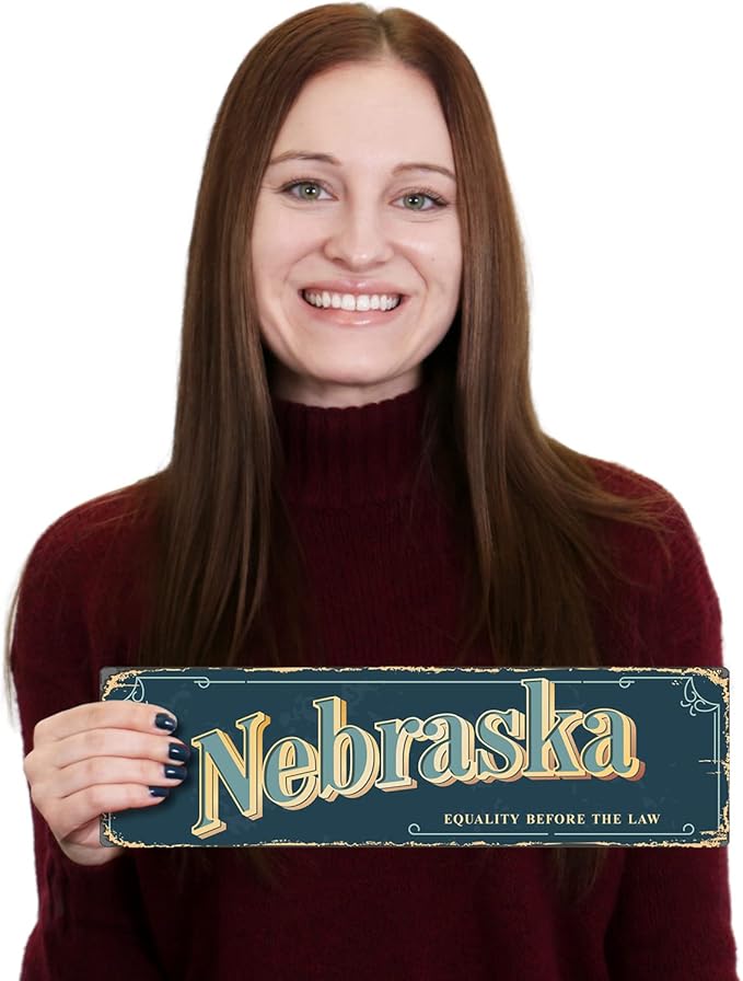 SmartSign 4 x 14 inch Nebraska State Vintage Metal Sign “Equality Before The Law”, 40 mil Rustproof Aluminum with Clear Overcoat, Retro Wall Décor, Multicolor, Made in USA