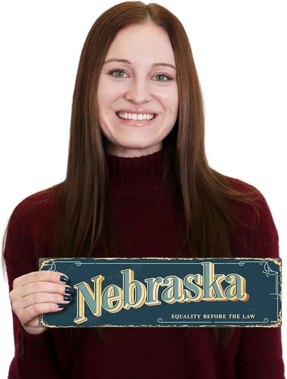 SmartSign 4 x 14 inch Nebraska State Vintage Metal Sign “Equality Before The Law”, 40 mil Rustproof Aluminum with Clear Overcoat, Retro Wall Décor, Multicolor, Made in USA