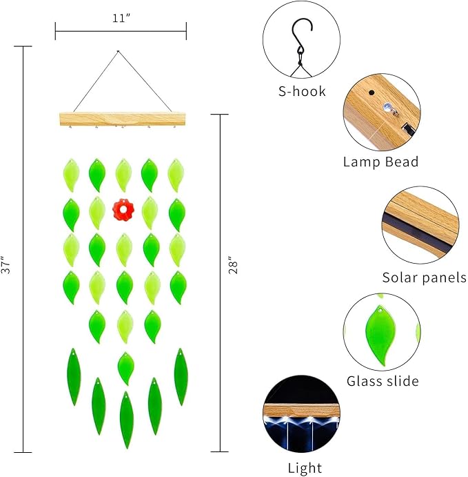 Solar Wind Chimes Waterproof Windchimes Glass Hanging Noisemakes with Solar Light for Home, Garden, Patio and Yard Decor