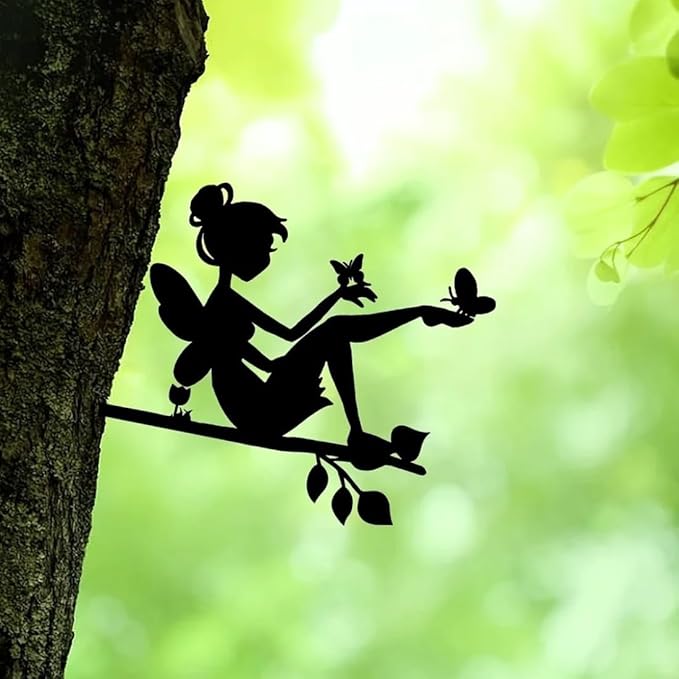 Tree On Branch Beauty Butterfly Fairy Steel Silhouette Metal Wall Art Home Garden Yard Patio Outdoor Statue Stake Decoration, Black
