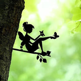 Tree On Branch Beauty Butterfly Fairy Steel Silhouette Metal Wall Art Home Garden Yard Patio Outdoor Statue Stake Decoration, Black