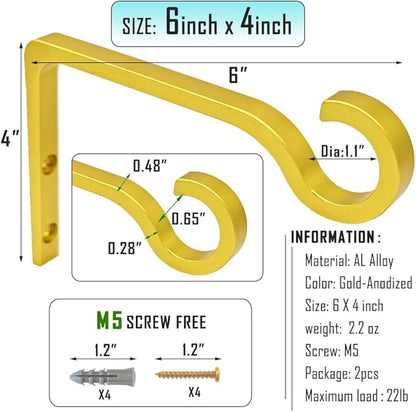 QIEGL Hanging Plant Bracket 6inch Al-Alloy Plant Hooks Gold-Anodized Shepherds Hook Decorative Wall Plant Hanger for Hanging Lanterns, Bird Feeder, Flower Basket, Home Decor Indoor & Outdoor 2 Pack
