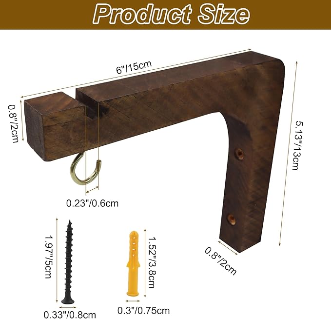 2 Pack Wooden Wall Hooks, 6 Inch Plant Hanger Wall Mounted Hanging Hooks Outdoor Hanging Shelves for Lanterns, Bracket, Wind Chimes, Patio Garden Decoration, Walnut Color
