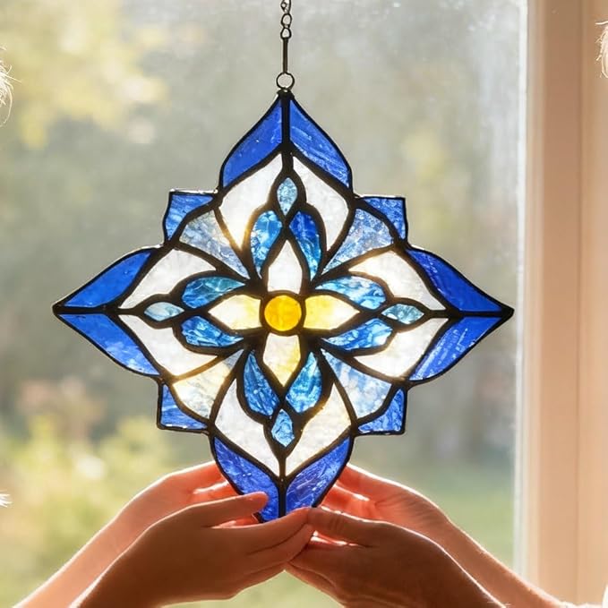 Stained Glass Window Hangings, Tiffany Style Window Panel Suncatchers Blue Art Flower