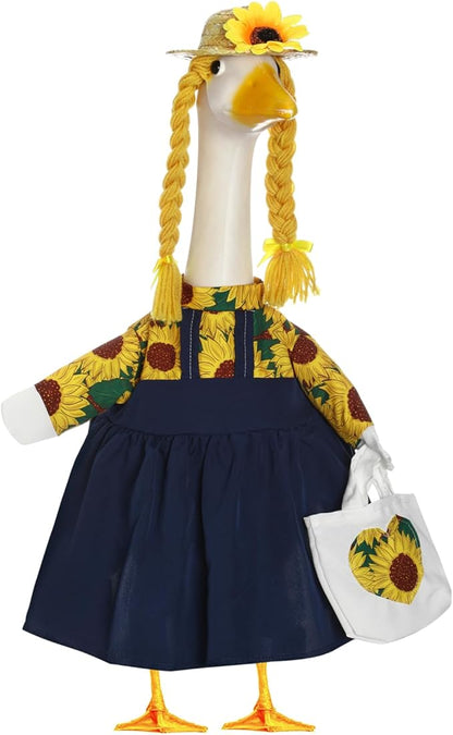 FuWeave Spring Sunflower Goose Outfit for 23'' Cement Statue Porch Goose Clothes Flower Dress and Straw Hat for Large Statue Summer Outdoor Garden Patio Yard Lawn Art Decoration