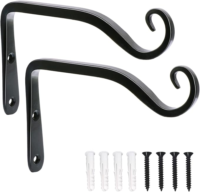 LOOGI Hanging Plant Bracket, Wall Hook Plant Hanger 6 Inch Decorative Hooks for Indoor Planter Lantern, Outdoor Bird Feeder Wind Chime, 2 Pack Black