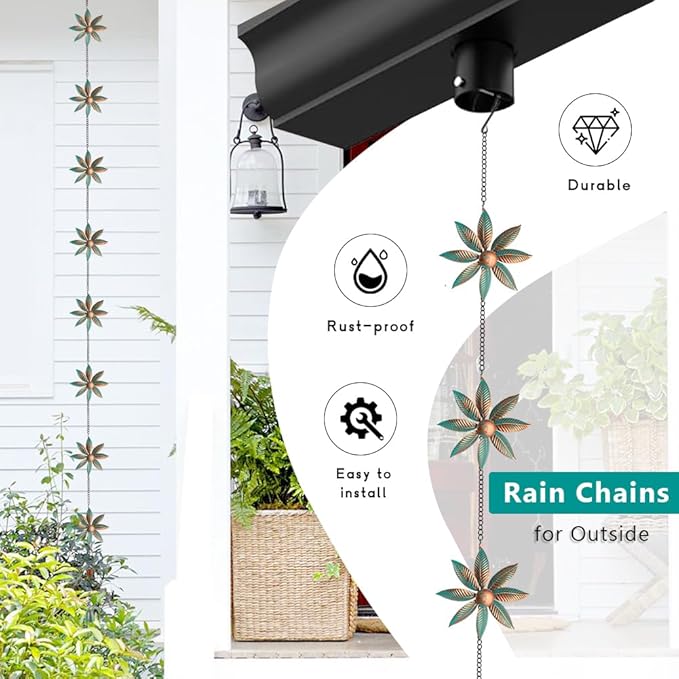 dreamysoul Rain Chains with Spinner Cups, Bronze Flower Decorative Rain Catcher Chains for Downspout Gutters, Metal Garden Rain Chain Outdoor Decor