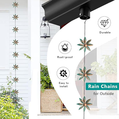 dreamysoul Rain Chains with Spinner Cups, Bronze Flower Decorative Rain Catcher Chains for Downspout Gutters, Metal Garden Rain Chain Outdoor Decor