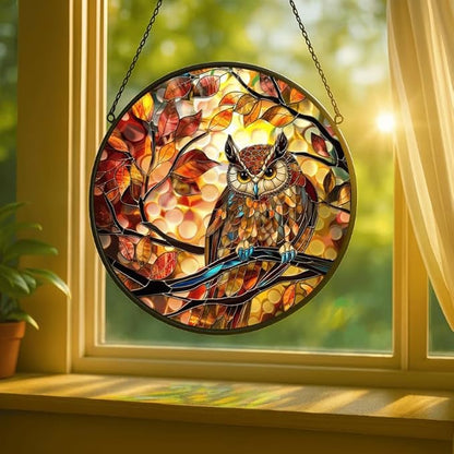 Stained Glass Window Hanging - Autumn Leaves and Perched Owl Sun Catchers Indoor Stained Glass Panels Wall Decor for Mom,Wife,Lovers,Festive