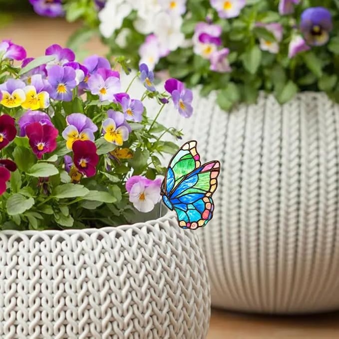 JOONOR 2 Pieces Stained Acrylic Bird Butterfly Flower Pot Hugger Cute Animal Butterfly Bird Statue for Planter Hanger Decorations Outdoor Fairy Garden Planter Edge Accessories,Style C