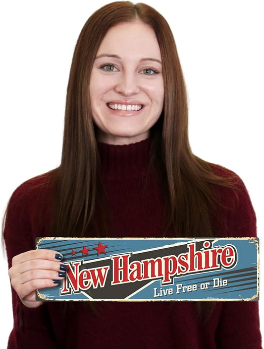 SmartSign 4 x 14 inch New Hampshire State Vintage Metal Sign “Live Free Or Die”, 40 mil Rustproof Aluminum with Clear Overcoat, Retro Wall Décor, Multicolor, Made in USA