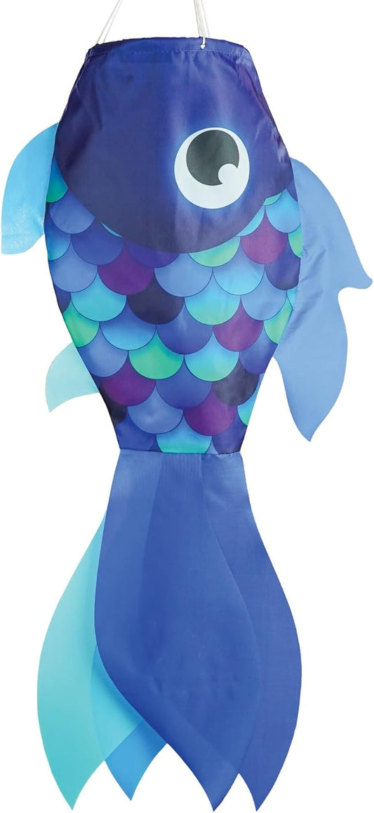 In the Breeze 5219 — 30-inch Cool Damsel Fish Windsock — Colorful Blue Fishsock Hanging Garden Décor with Detailed Printed Graphics