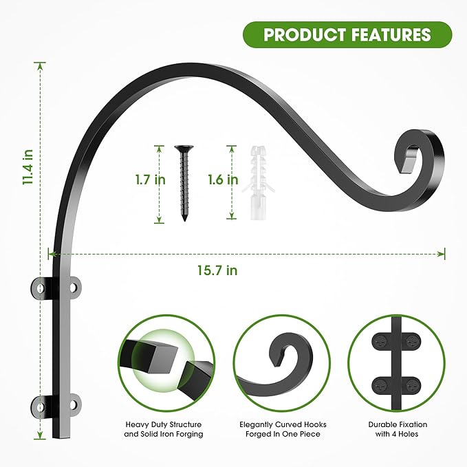 EPHECH 4 Pack Heavy Duty Plant Hanger Hook for Outdoor and Indoor, 16Inch Wall Hanging Basket Bracket, Black Metal Outdoor Hanging Bracket for Hanging Flower Pot Bird Feeder Lanterns