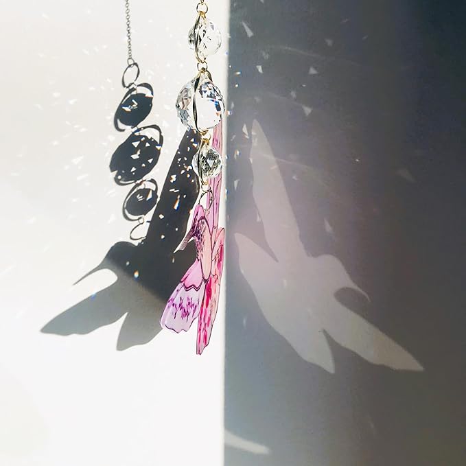 Pink Acrylic Hummingbird Flowers Garden Suncatcher Christmas Tree Home Decor Window Hanging Ornaments Crystal Prism Rainbow Maker Sun Catcher Appreciation Gifts for Mom Grandma Sister
