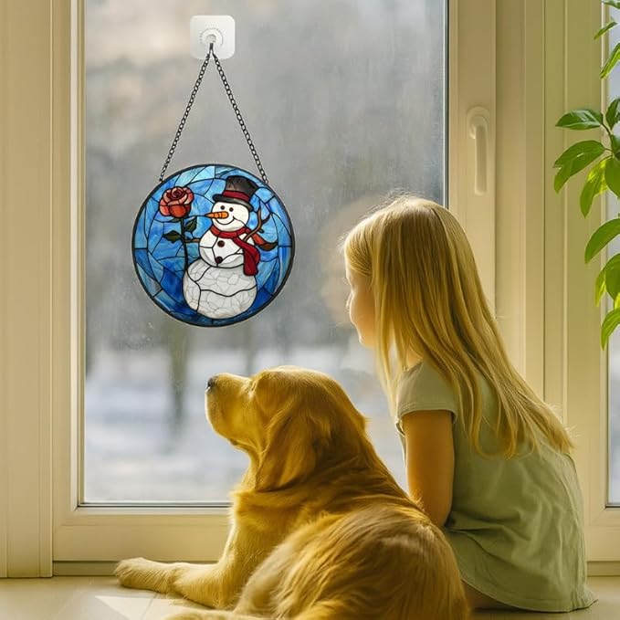 Stained Glass Window Hanging Christmas Snowman with Rose 9.8in Sun Catchers Panel for Indoor Decorative Display for Mom Wife Lovers Festive