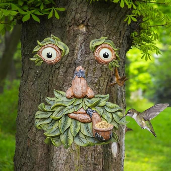 vomiceak Tree Face Decor Outdoor - Bird Feeder, Unique Old Man Tree Face Hugger Statues - Glow Eyes in Dark, Funny Garden Patio Art Statue Decor