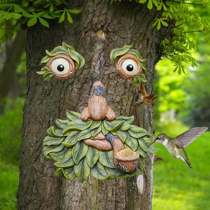 vomiceak Tree Face Decor Outdoor - Bird Feeder, Unique Old Man Tree Face Hugger Statues - Glow Eyes in Dark, Funny Garden Patio Art Statue Decor