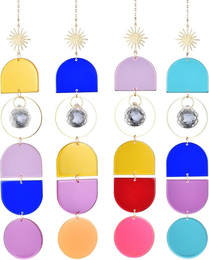 4 Pcs Colorful Acrylic Crystal Suncatchers Window Hanging Decor - Bohemian Crystal Wind Chime for Home, Bedroom, Living Room, Party Decoration