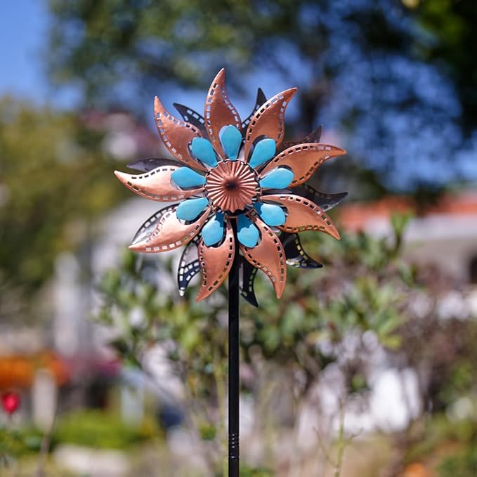 VEWOGARDEN Metal Wind Spinners Outdoor Kinetic Flower Wind Spinner for Outdoor Garden Lawn Patio Decorations, Antique Bronze & Blue