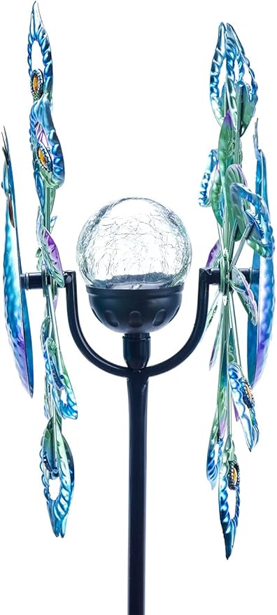 Wind Spinner Outdoor Metal Solar Powered Sculpture Lawn Backyar 15 inch 64 inch Height Kinetic Peafowl Wind Catcher Glass Ball for Garden Lawn Yard Patio Decoration Weather Vane for Garden