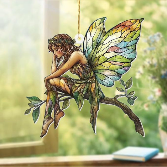 Stained Glass Fairy Ornament – Acrylic Suncatcher Window Hanging, Woodland Fantasy Decor, Christmas Tree Ornament 2026, Car Rearview Mirror Charm, Gift for Fairy Lovers, Women, Girls, Teachers(Sun-10)