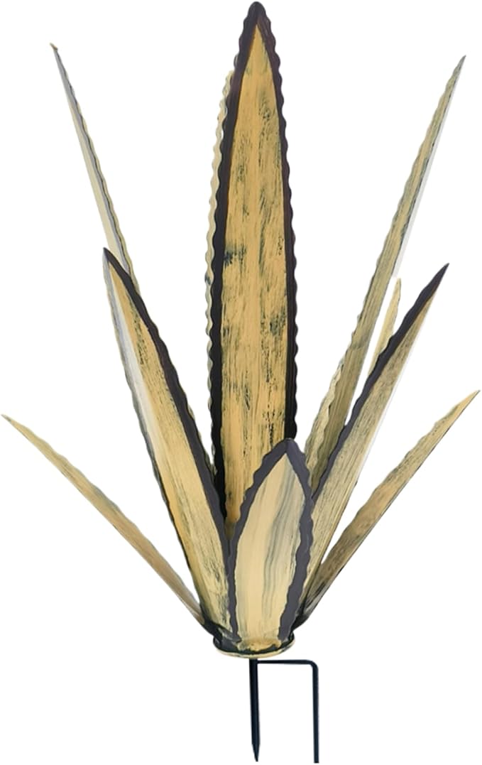 Metal Agave Plants Outdoor Decor with Stake, Rustic Metal Cactus Yard Art, Yard Sculpture Outdoor, Apricot, Small, Sculpture