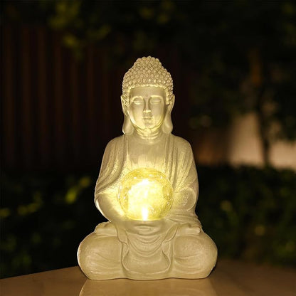 Buddha Garden Statue with Solar Light, Solar Meditating Garden Buddha with Cracked Glass Ball Sculpture-Indoor/Outdoor Decor for Balcony,Patio,Porch Yard Art Ornament,Gift