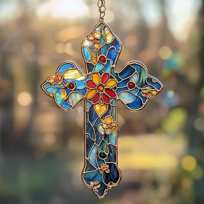 Christian Cross Acrylic Suncatcher, Christianity Sun Catcher for Window Hanging Ornament, Stained Glass Effect Indoor Outdoor Decor for Mother's Day, Mom, Grandma, Wife, Women
