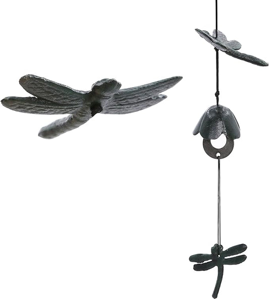 Japanese Wind Chime Cast-Iron Outdoor Ornament for Garden, Patio & Balcony, Hanging Metal Wind-Bell Decoration Gift, Blessing Pendant Windchimes, Green Dragonflies