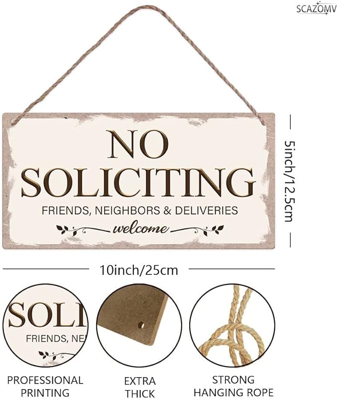 No Soliciting Family Friends Neighbors Deliveries Welcome Funny Rustic Wooden Front Door Sign Vintage Outdoor Wall Art Hanging Plaque for Porch Yard Store Home Farmhouse Decor 10''x 5''