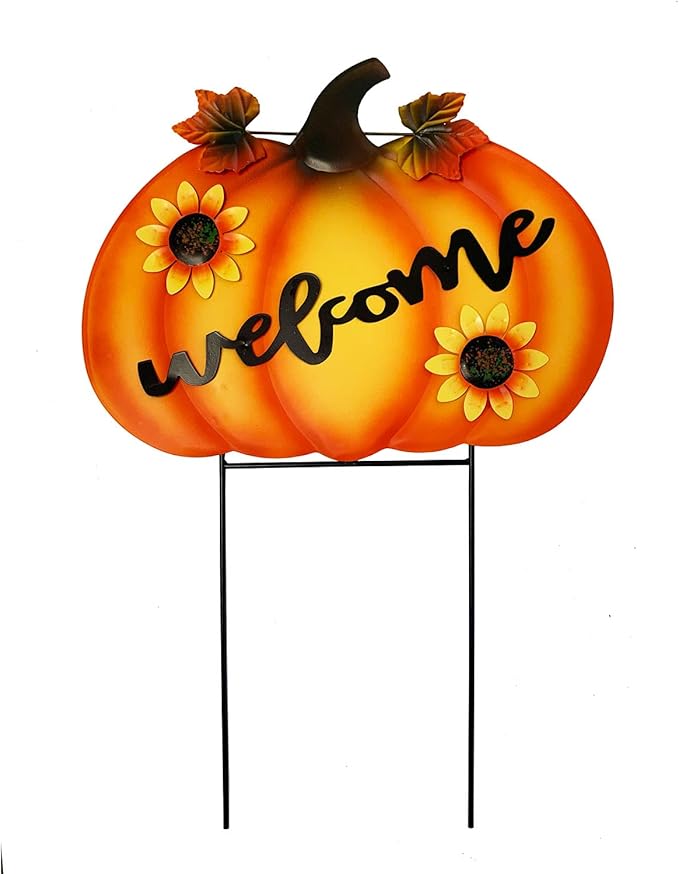 Rustic Metal Pumpkin Garden Stakes Standing Outdoor Welcome Signs Home Decorations Metal Pumpkins Yard Outdoors for Fall Harvest Decor Thanksgiving Halloween Lawn Decorations-24''H