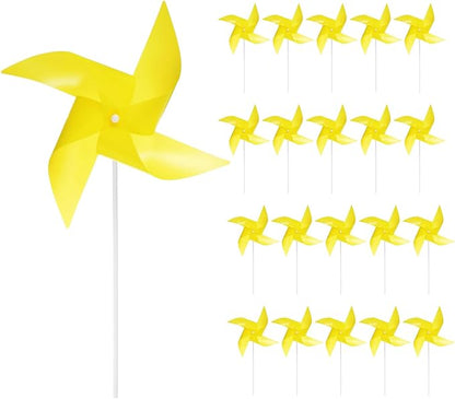HARFINGTON 50pcs Windmills for The Yard Garden 17" x 11" 4 Leaves Pinwheels Wind Mills Spinners Windproof Waterproof Bird Devices with Stakes for Patio Decor, Yellow