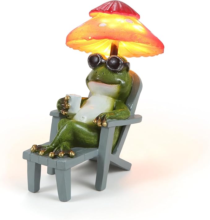 Magicnight Little Frog Garden Statue with mini Patio Mushroom Solar Lights Outdoor Figurines Halloween Home Decor Fairy Garden Accessories Small Lawn Ornaments 4.5"x4.5"x2.6"