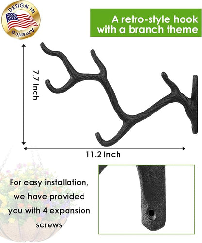 2 Pcs 11" Cast Iron Tree Branch Plant Hangers, Decorative Metal Wall Bracket Hooks, Vintage-Style Heavy Duty Storage Rack for Hanging Plants, Baskets, Lanterns, Wind Chimes, Indoor & Outdoor, Black