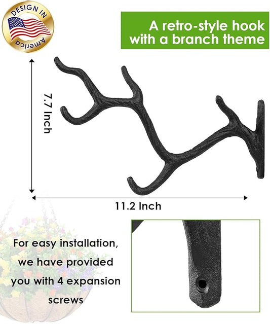 2 Pcs 11" Cast Iron Tree Branch Plant Hangers, Decorative Metal Wall Bracket Hooks, Vintage-Style Heavy Duty Storage Rack for Hanging Plants, Baskets, Lanterns, Wind Chimes, Indoor & Outdoor, Black