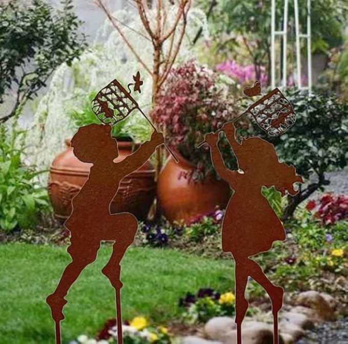 Butterfly Girl Silhouette Sculpture,Shadow Art Garden Figurines, Metal Garden Fence Stake for Lawn Outdoor Patio Home Decor (E)
